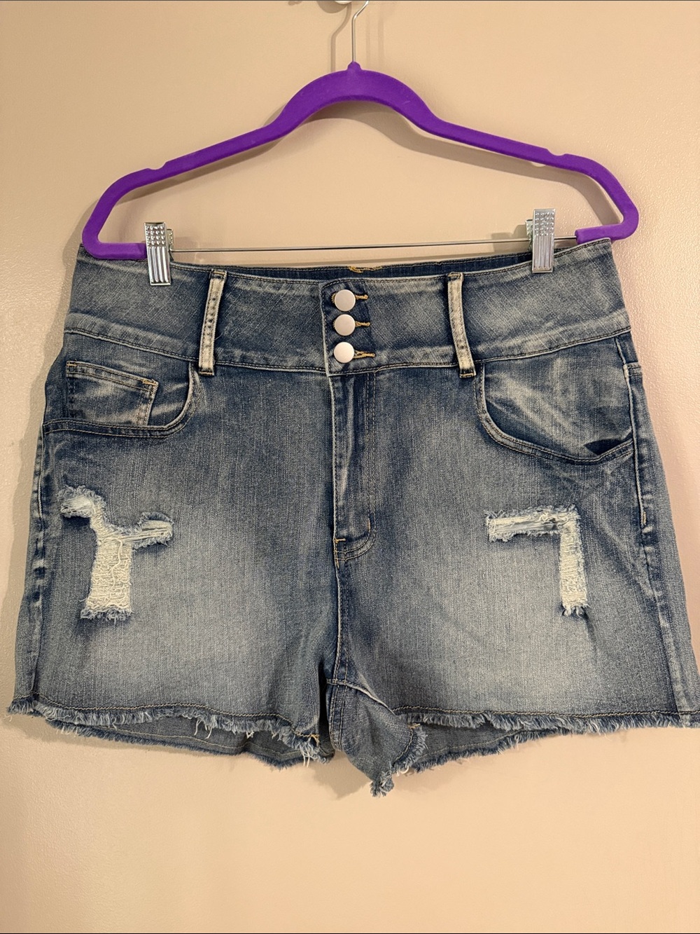 SHEIN Distressed Triple-Button Denim Shorts - Light Blue